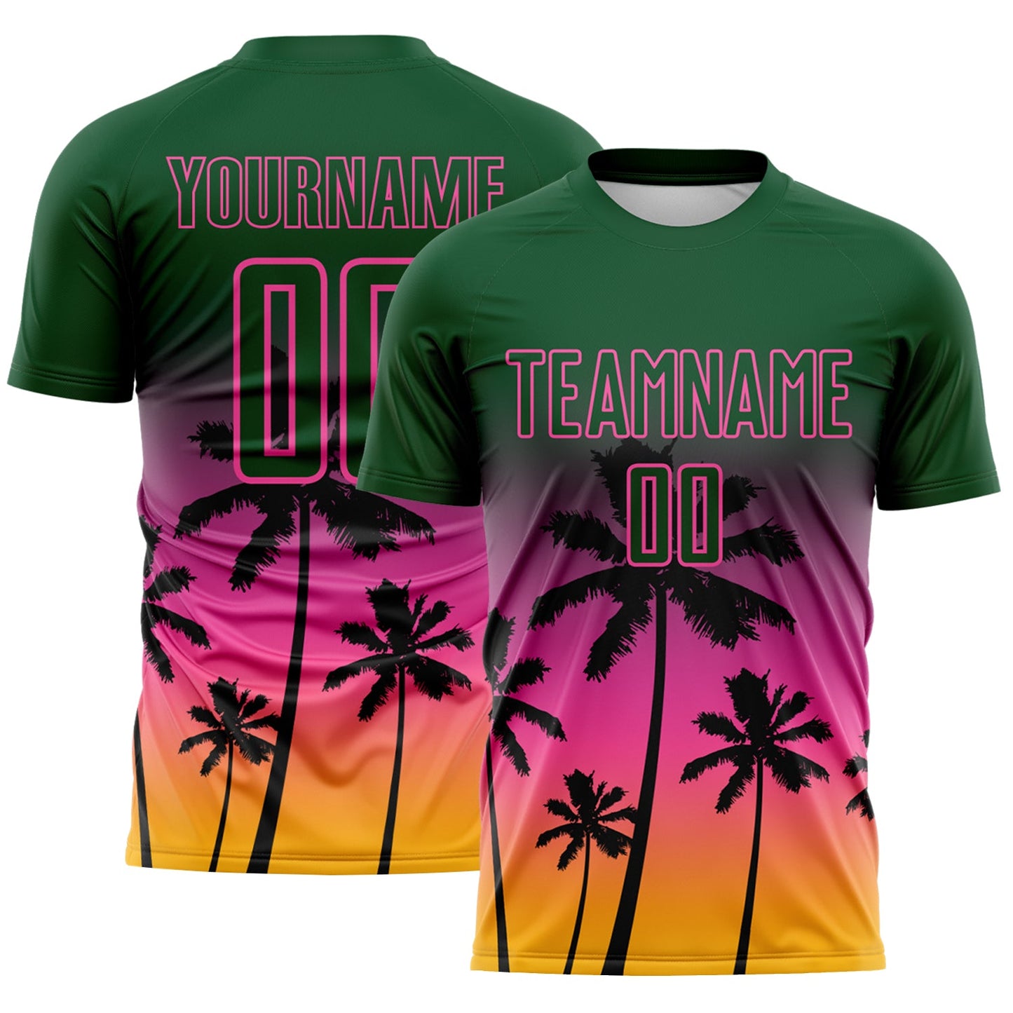 Custom Green Pink-Gold Tropical Hawaii Palm Trees Gradient Sublimation Soccer Uniform Jersey - Main View