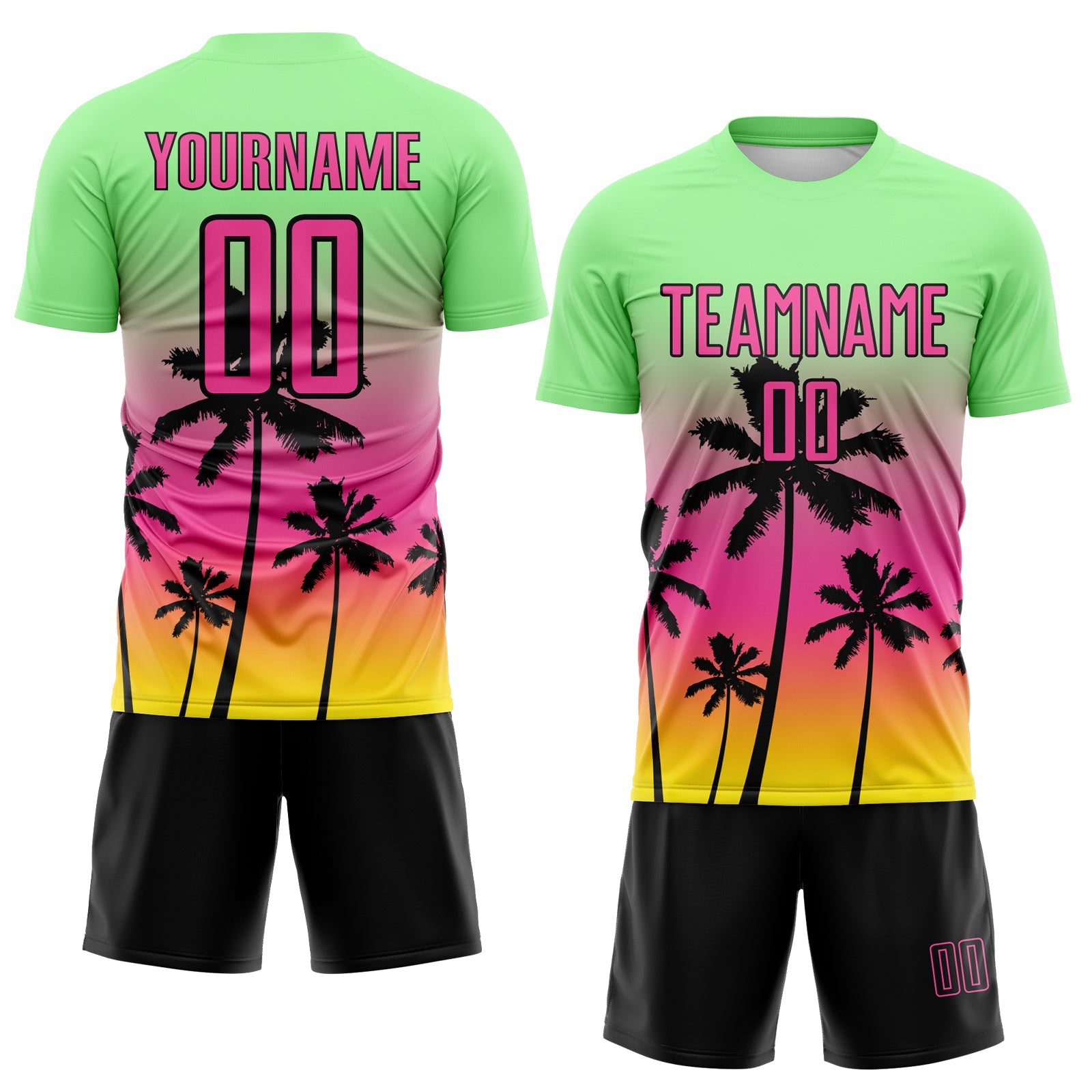 Custom Pea Green Pink Light Yellow-Black Tropical Hawaii Palm Trees Gradient Sublimation Soccer Uniform Jersey view 2