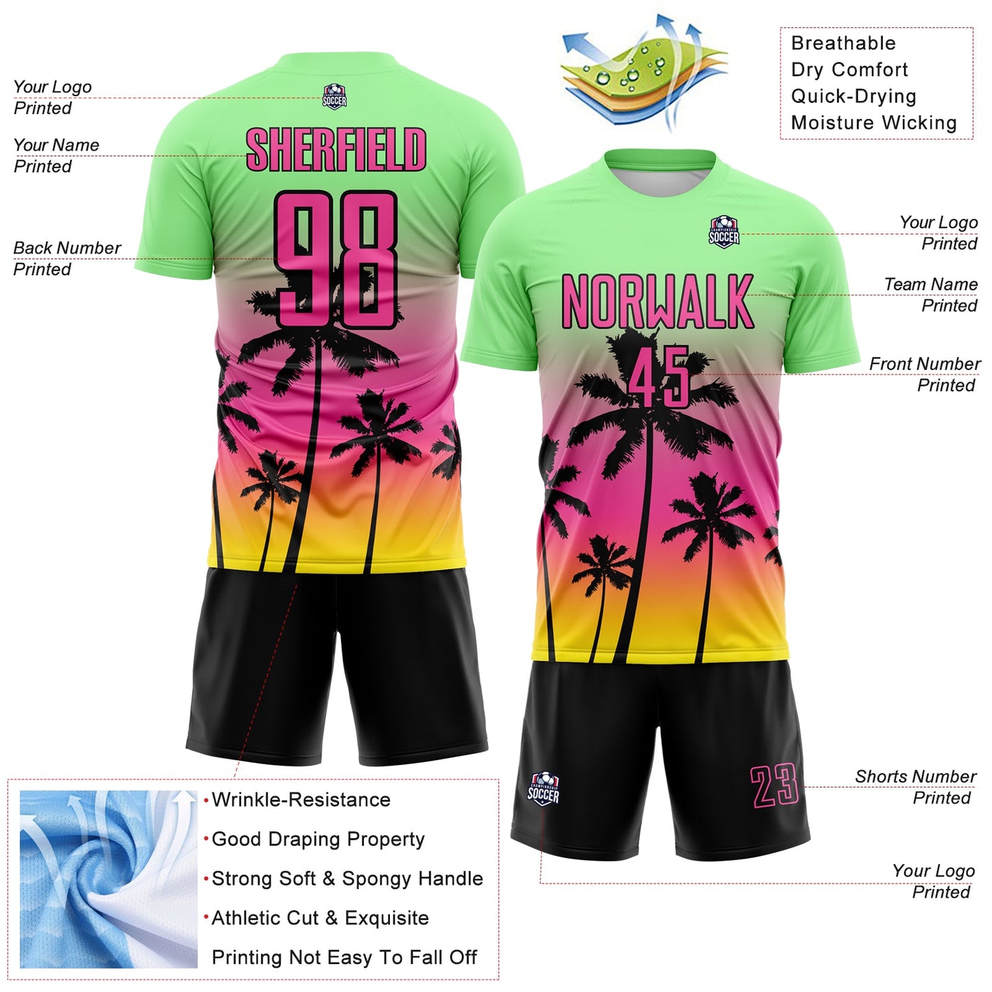 Custom Pea Green Pink Light Yellow-Black Tropical Hawaii Palm Trees Gradient Sublimation Soccer Uniform Jersey view 4