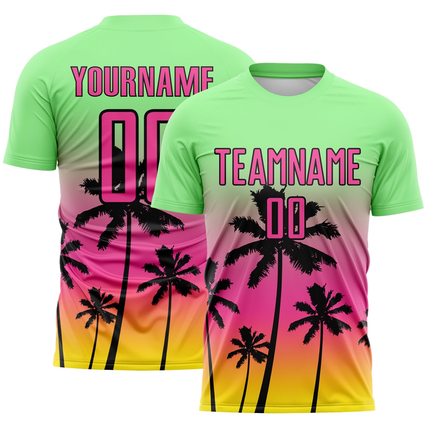 Custom Pea Green Pink Light Yellow-Black Tropical Hawaii Palm Trees Gradient Sublimation Soccer Uniform Jersey - Main View