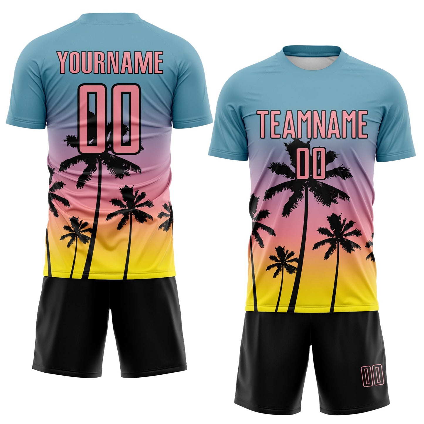 Custom Shadow Blue Medium Pink Light Yellow-Black Tropical Hawaii Palm Trees Gradient Sublimation Soccer Uniform Jersey view 2