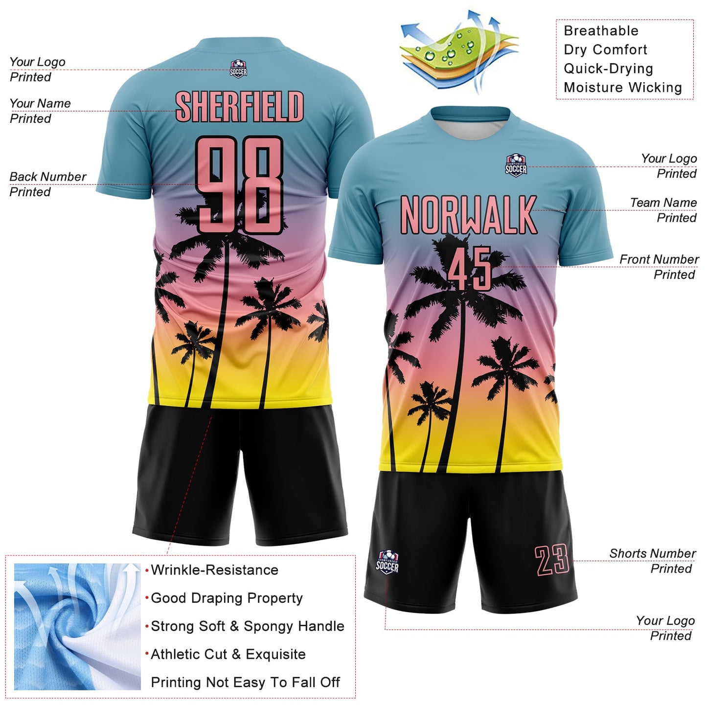 Custom Shadow Blue Medium Pink Light Yellow-Black Tropical Hawaii Palm Trees Gradient Sublimation Soccer Uniform Jersey view 4