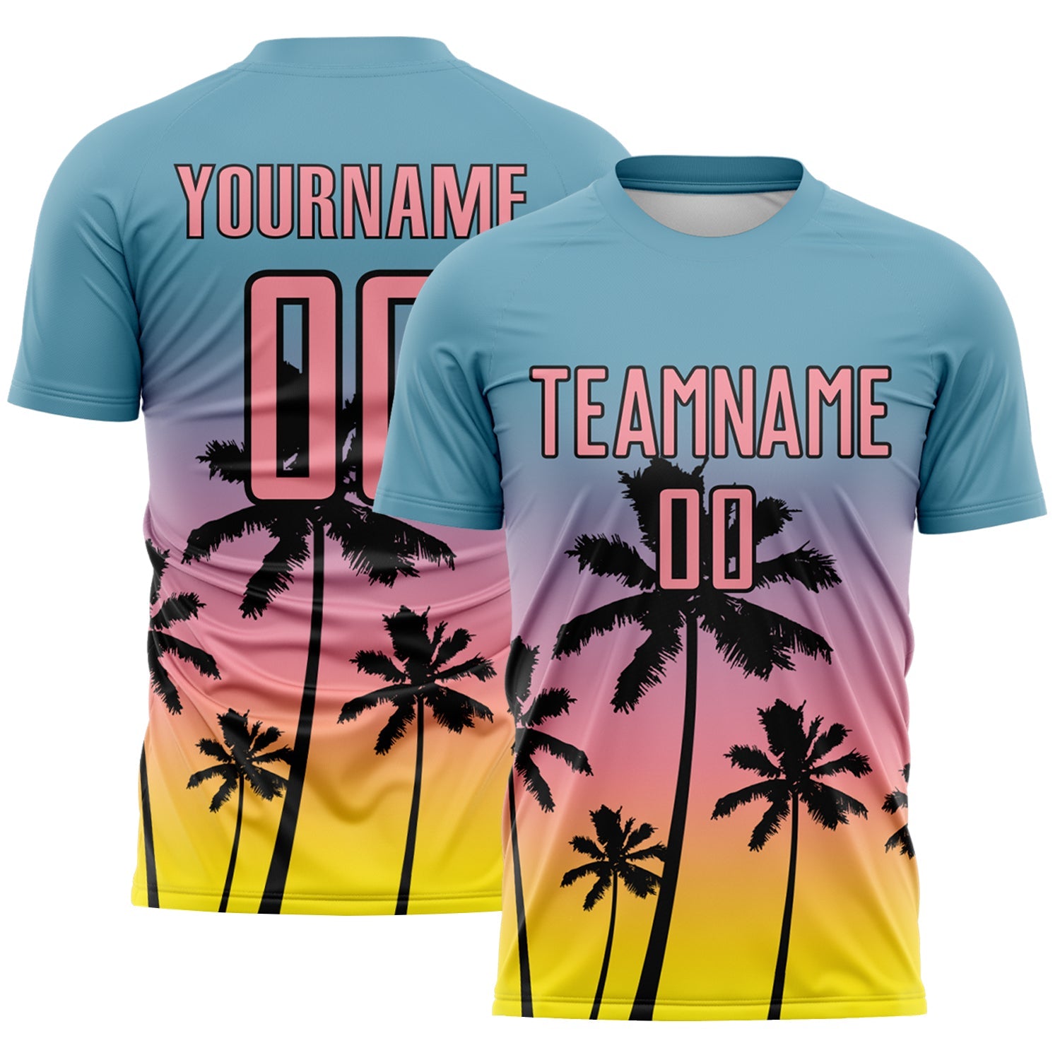Custom Shadow Blue Medium Pink Light Yellow-Black Tropical Hawaii Palm Trees Gradient Sublimation Soccer Uniform Jersey - Main View