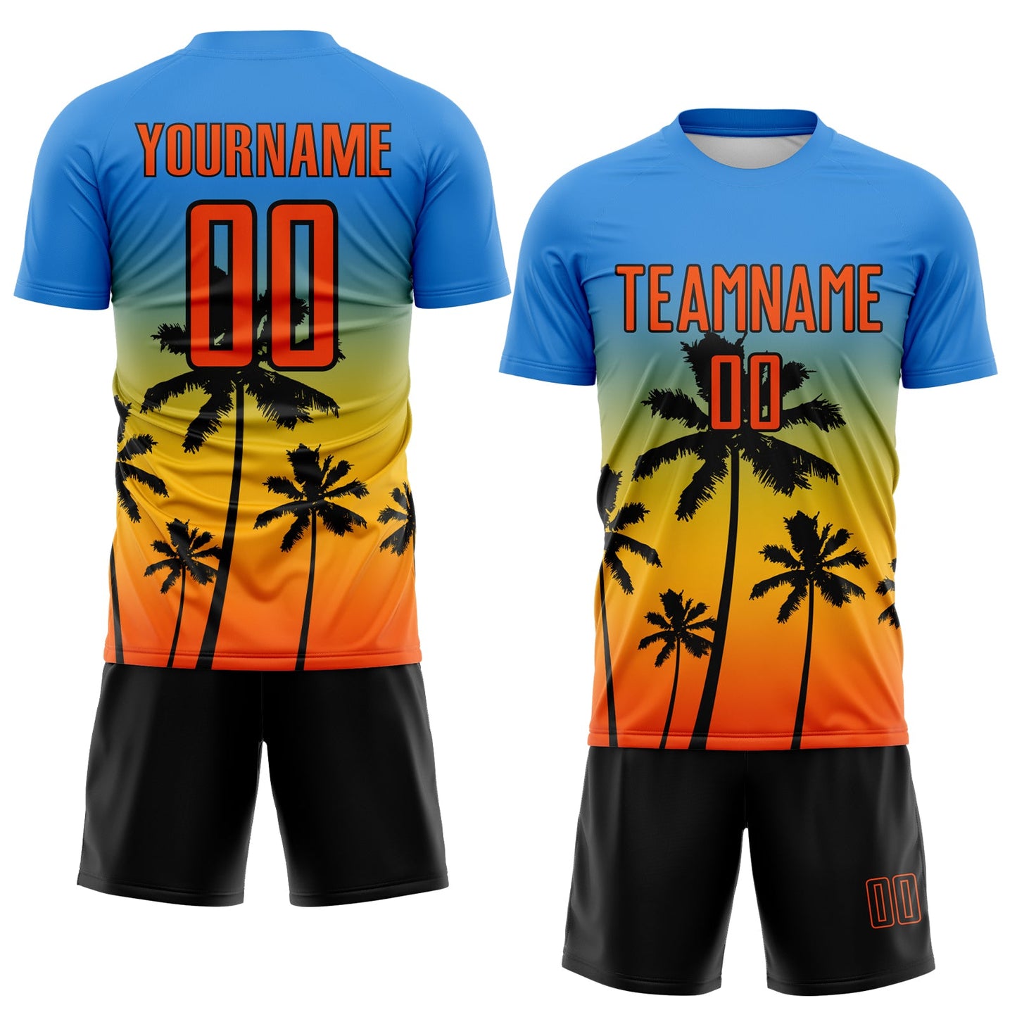 Custom Powder Blue Orange Gold-Black Tropical Hawaii Palm Trees Gradient Sublimation Soccer Uniform Jersey view 2