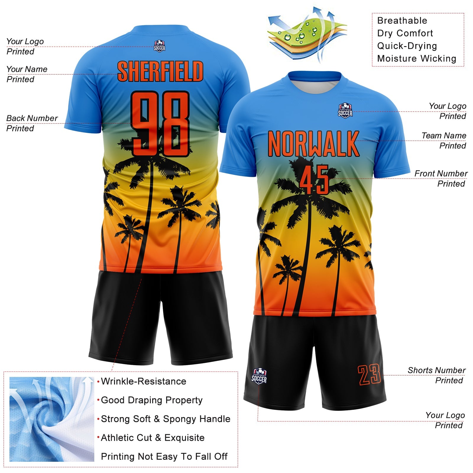 Custom Powder Blue Orange Gold-Black Tropical Hawaii Palm Trees Gradient Sublimation Soccer Uniform Jersey view 4