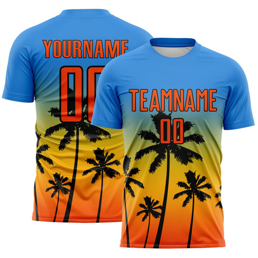 Custom Powder Blue Orange Gold-Black Tropical Hawaii Palm Trees Gradient Sublimation Soccer Uniform Jersey - Main View