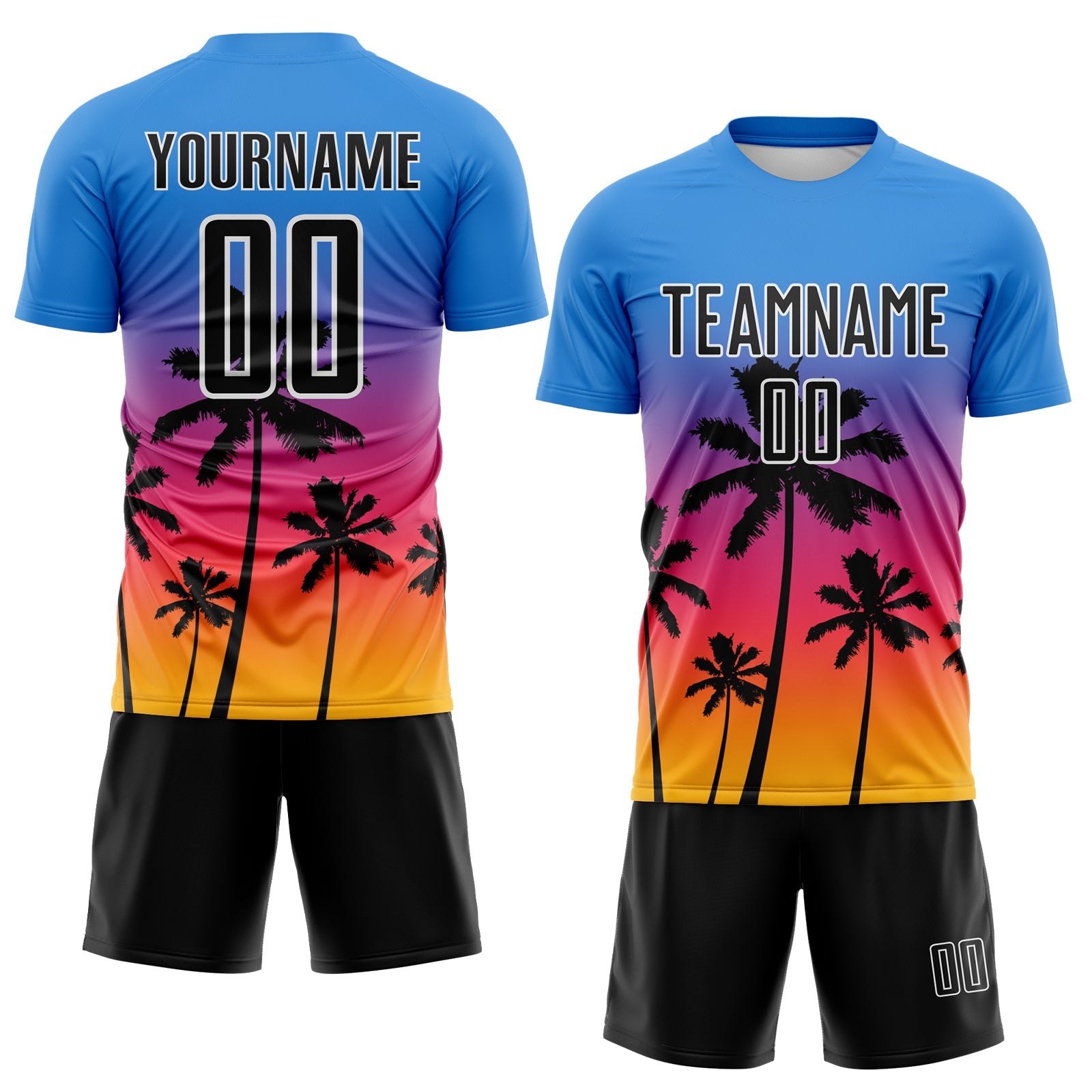 Custom Powder Blue Black Neon Pink Gold-White Tropical Hawaii Palm Trees Gradient Sublimation Soccer Uniform Jersey view 2