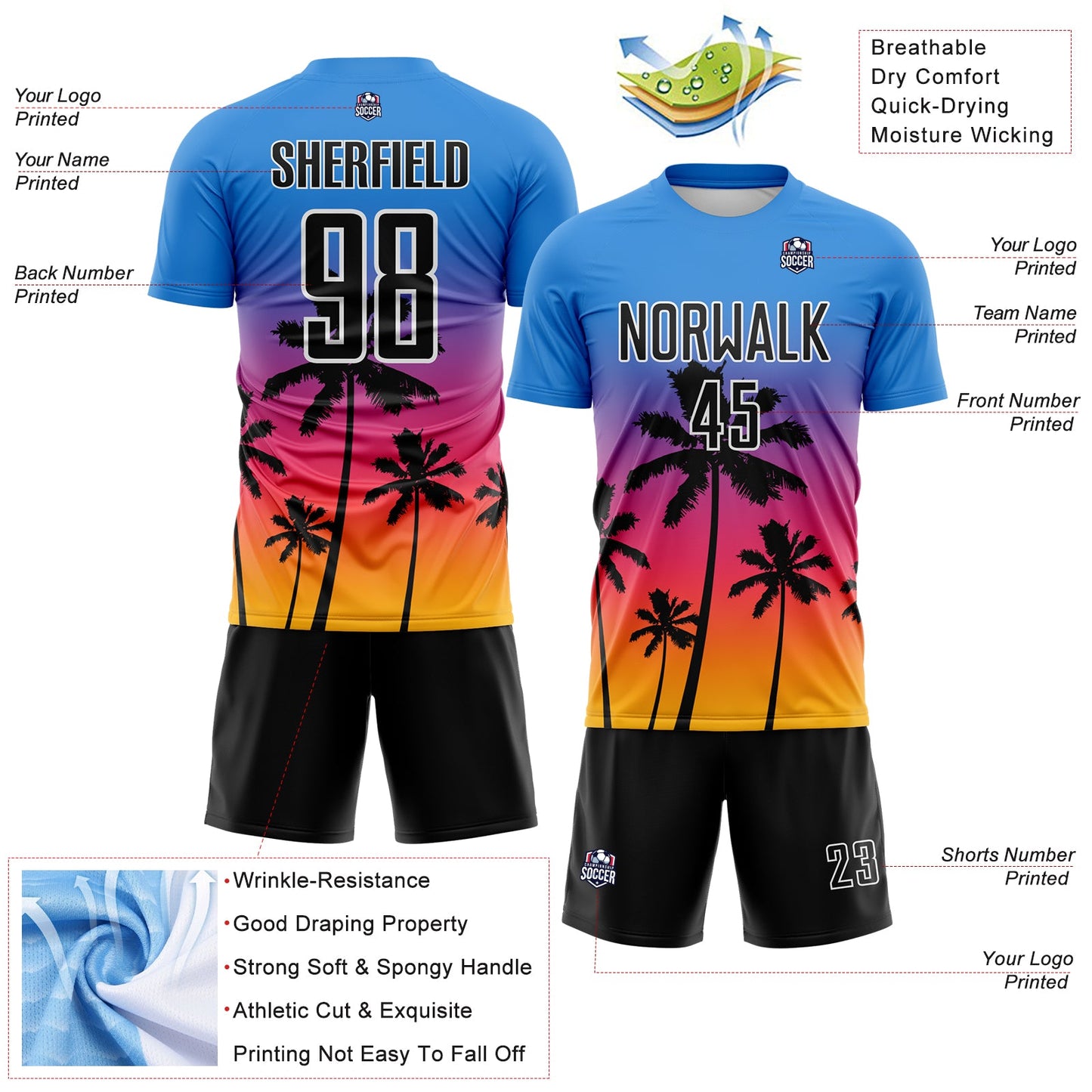 Custom Powder Blue Black Neon Pink Gold-White Tropical Hawaii Palm Trees Gradient Sublimation Soccer Uniform Jersey view 4
