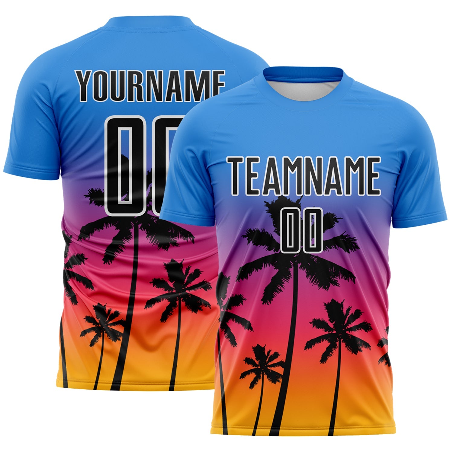 Custom Powder Blue Black Neon Pink Gold-White Tropical Hawaii Palm Trees Gradient Sublimation Soccer Uniform Jersey - Main View