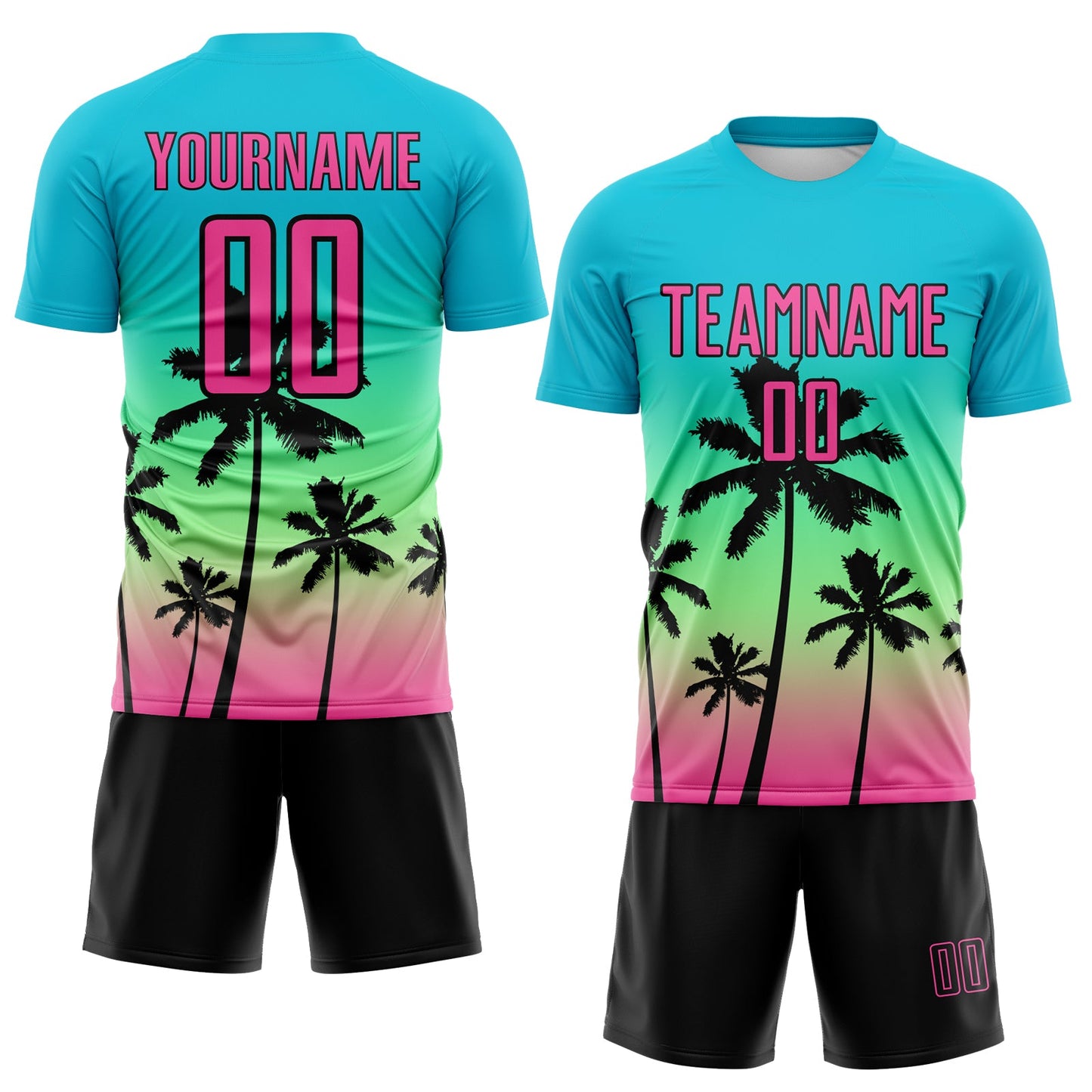 Custom Lakes Blue Pink Pea Green-Black Tropical Hawaii Palm Trees Gradient Sublimation Soccer Uniform Jersey view 2