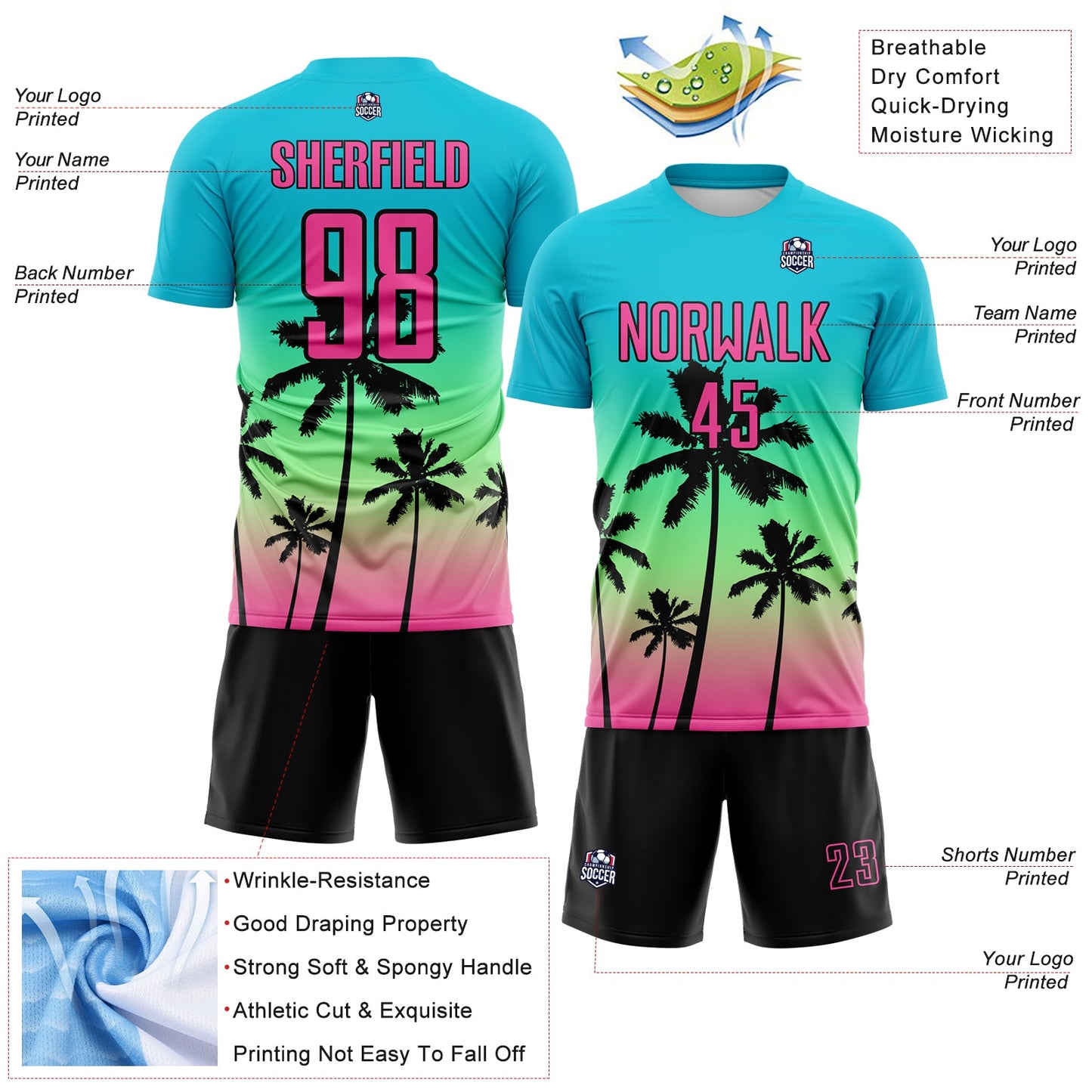 Custom Lakes Blue Pink Pea Green-Black Tropical Hawaii Palm Trees Gradient Sublimation Soccer Uniform Jersey view 4