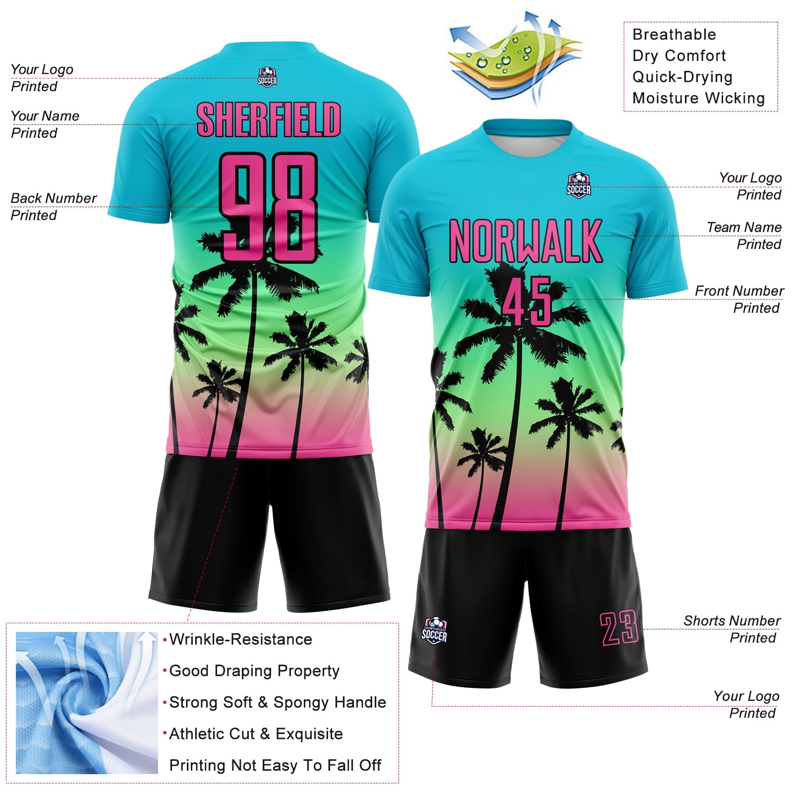 Custom Lakes Blue Pink Pea Green-Black Tropical Hawaii Palm Trees Gradient Sublimation Soccer Uniform Jersey view 4