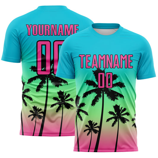 Custom Lakes Blue Pink Pea Green-Black Tropical Hawaii Palm Trees Gradient Sublimation Soccer Uniform Jersey - Main View