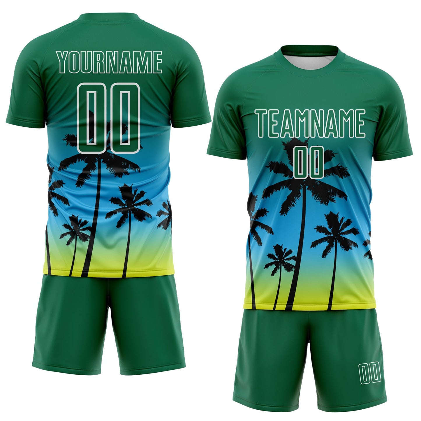 Custom Kelly Green Sky Blue Neon Yellow-White Tropical Hawaii Palm Trees Gradient Sublimation Soccer Uniform Jersey view 2