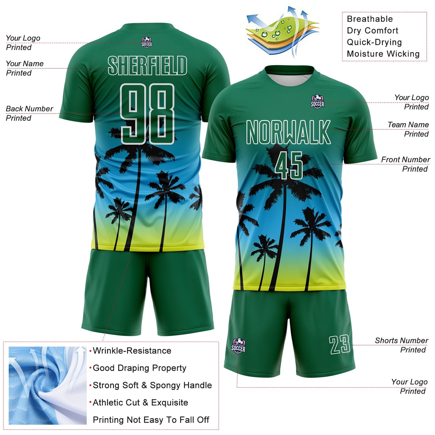Custom Kelly Green Sky Blue Neon Yellow-White Tropical Hawaii Palm Trees Gradient Sublimation Soccer Uniform Jersey view 4
