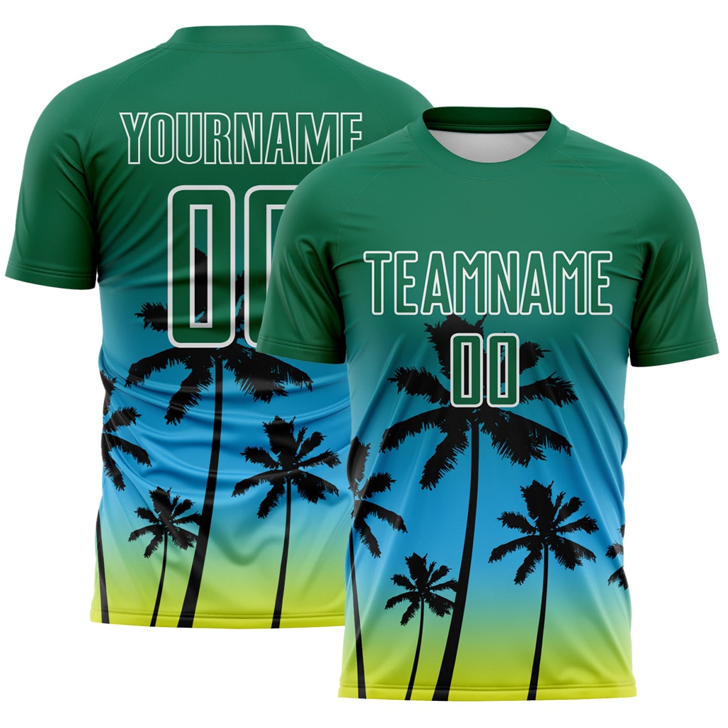 Custom Kelly Green Sky Blue Neon Yellow-White Tropical Hawaii Palm Trees Gradient Sublimation Soccer Uniform Jersey - Main View