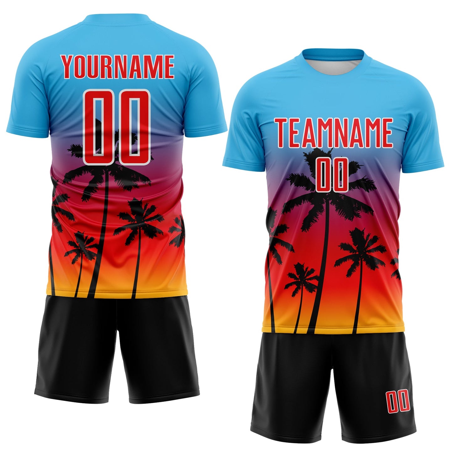 Custom Sky Blue Fire Red Gold White-Black Tropical Hawaii Palm Trees Gradient Sublimation Soccer Uniform Jersey view 2