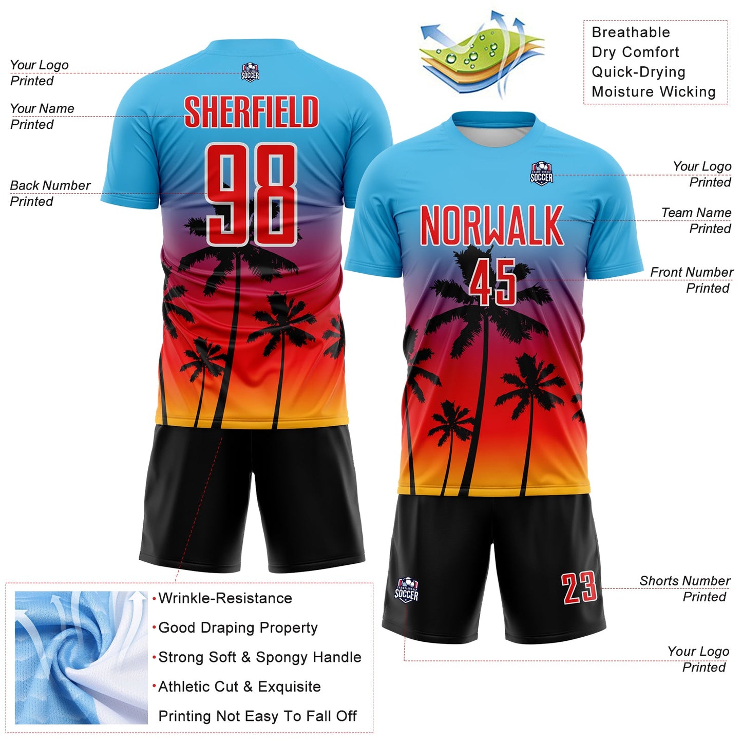 Custom Sky Blue Fire Red Gold White-Black Tropical Hawaii Palm Trees Gradient Sublimation Soccer Uniform Jersey view 4