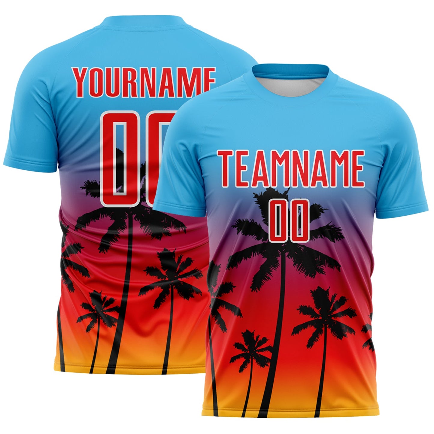 Custom Sky Blue Fire Red Gold White-Black Tropical Hawaii Palm Trees Gradient Sublimation Soccer Uniform Jersey - Main View