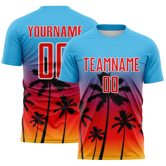 Custom Sky Blue Fire Red Gold White-Black Tropical Hawaii Palm Trees Gradient Sublimation Soccer Uniform Jersey - Main View