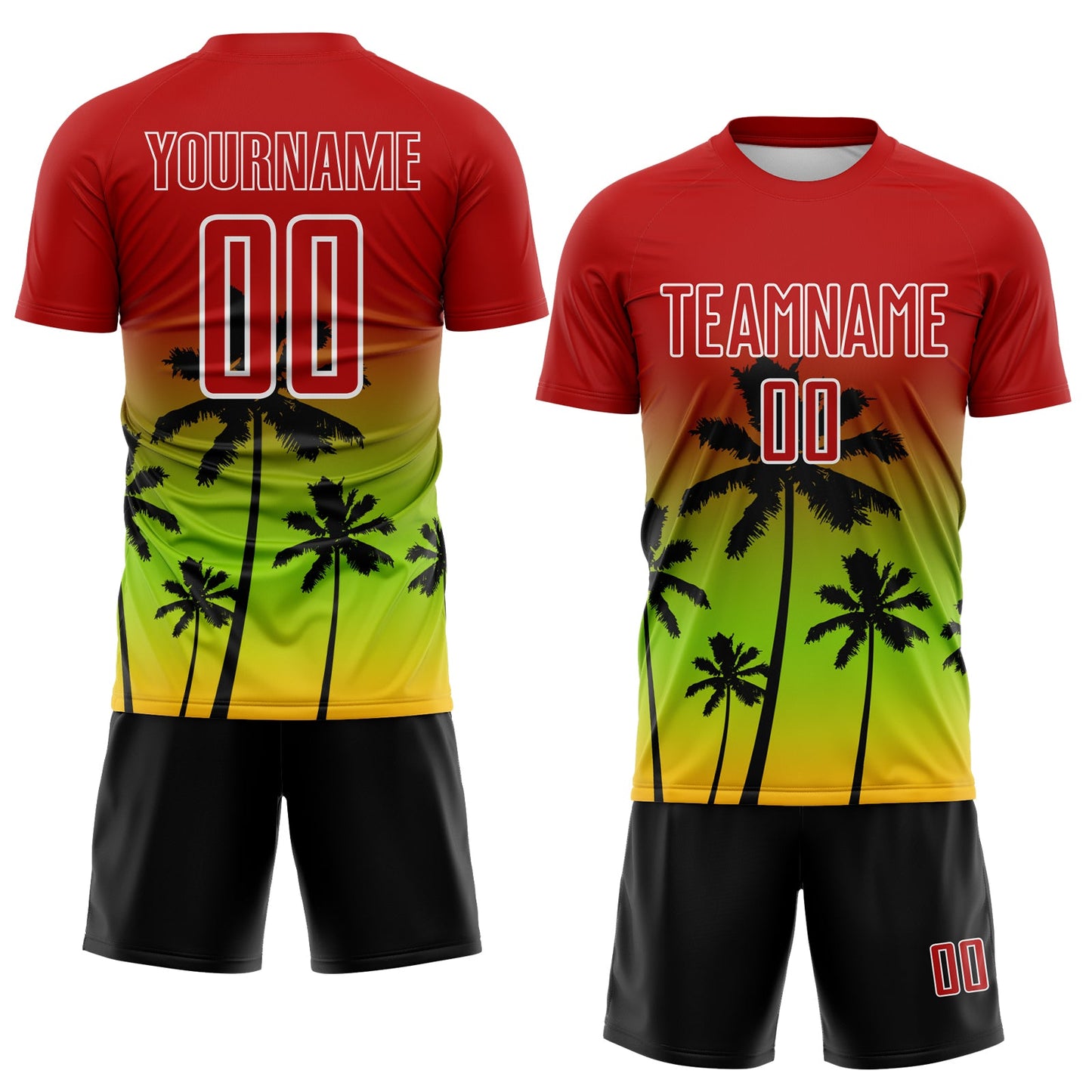 Custom Red Neon Green Gold White-Black Tropical Hawaii Palm Trees Gradient Sublimation Soccer Uniform Jersey view 2