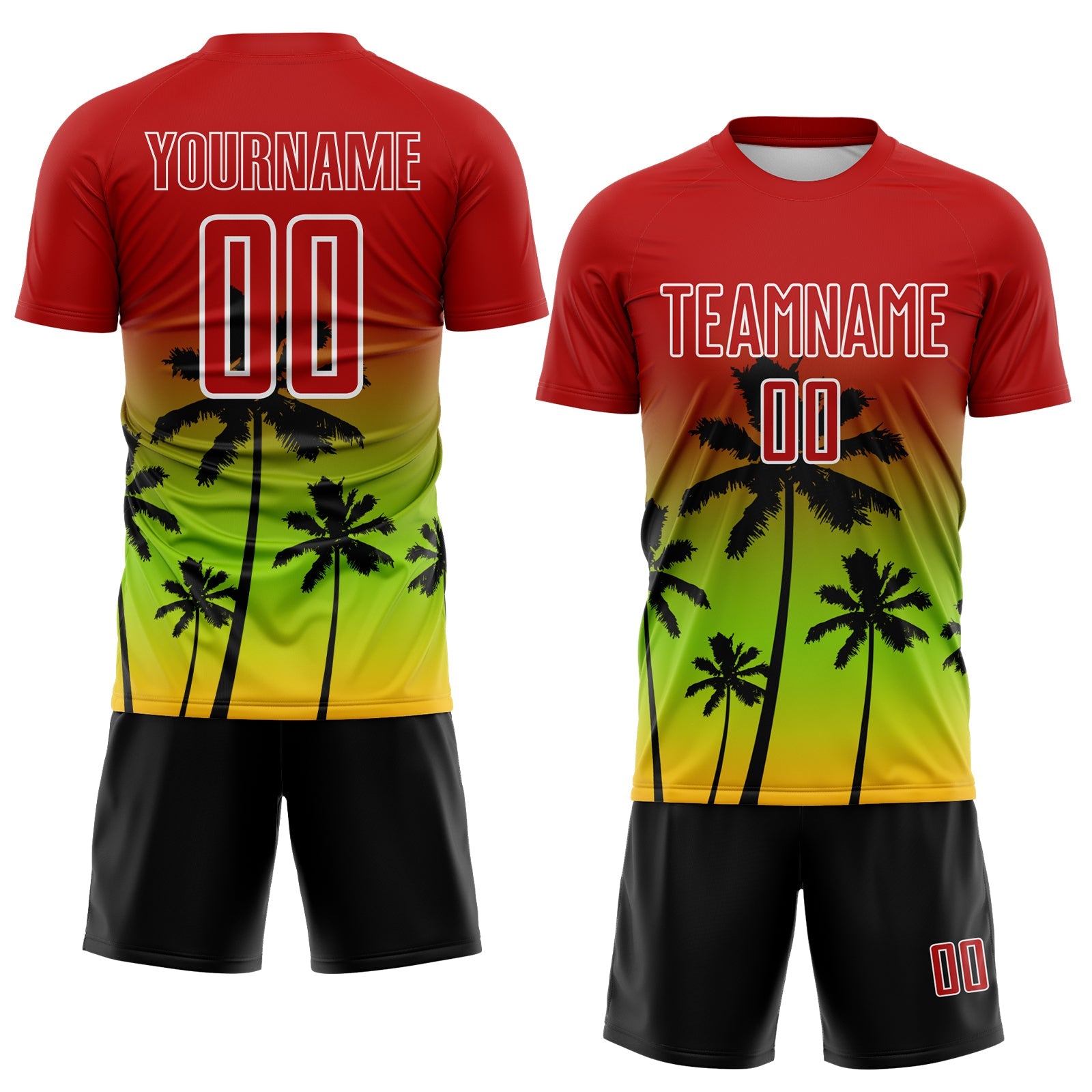 Custom Red Neon Green Gold White-Black Tropical Hawaii Palm Trees Gradient Sublimation Soccer Uniform Jersey view 2