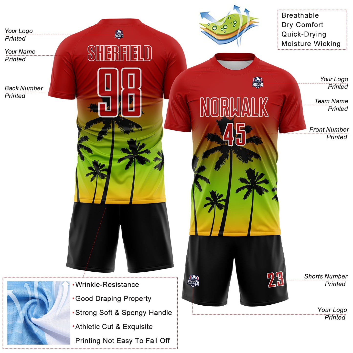Custom Red Neon Green Gold White-Black Tropical Hawaii Palm Trees Gradient Sublimation Soccer Uniform Jersey view 4