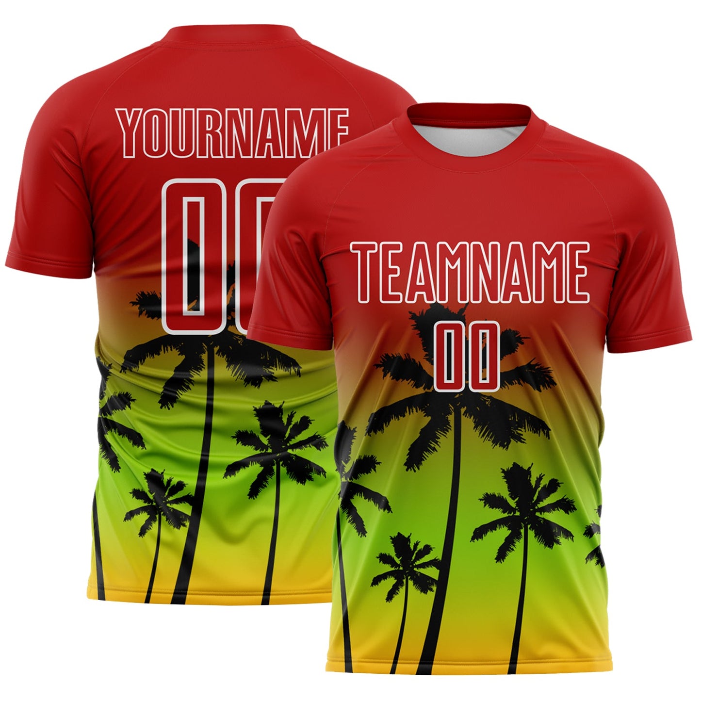 Custom Red Neon Green Gold White-Black Tropical Hawaii Palm Trees Gradient Sublimation Soccer Uniform Jersey - Main View