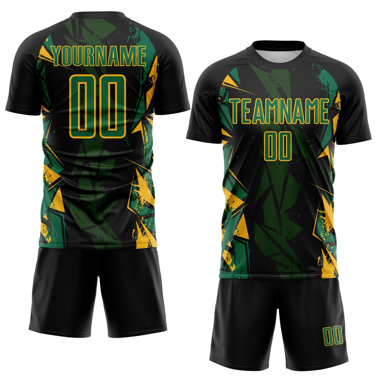 Custom Black Kelly Green-Gold Geometric Shard Grunge Splash Sublimation Soccer Uniform Jersey view 2