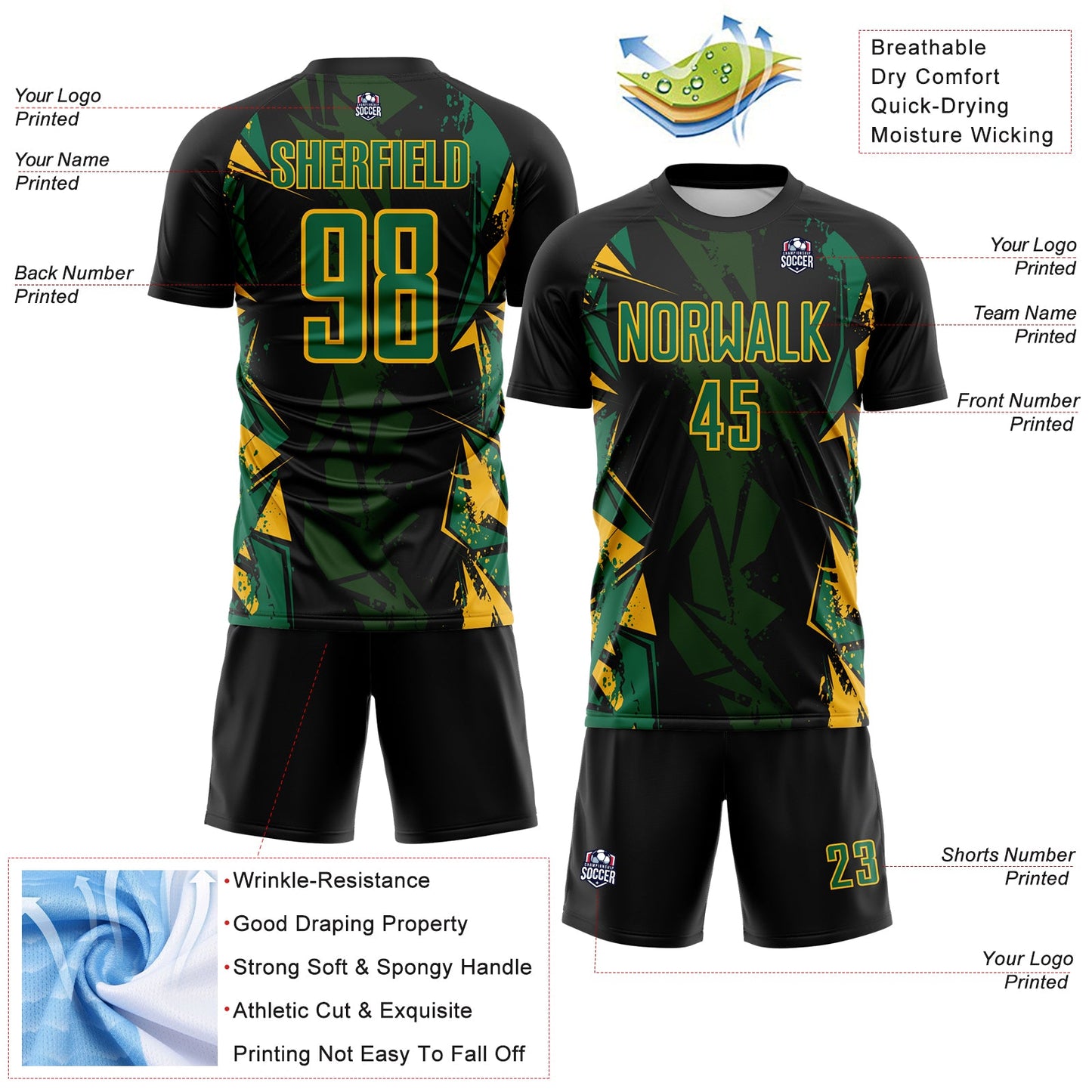 Custom Black Kelly Green-Gold Geometric Shard Grunge Splash Sublimation Soccer Uniform Jersey view 4