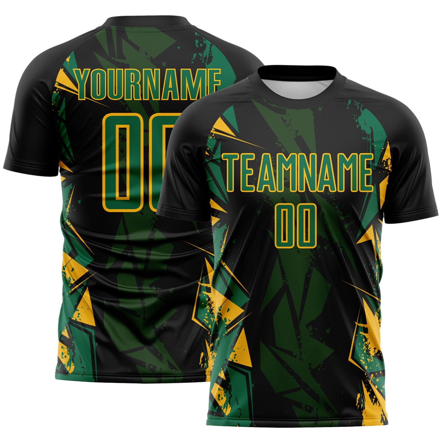 Custom Black Kelly Green-Gold Geometric Shard Grunge Splash Sublimation Soccer Uniform Jersey - Main View