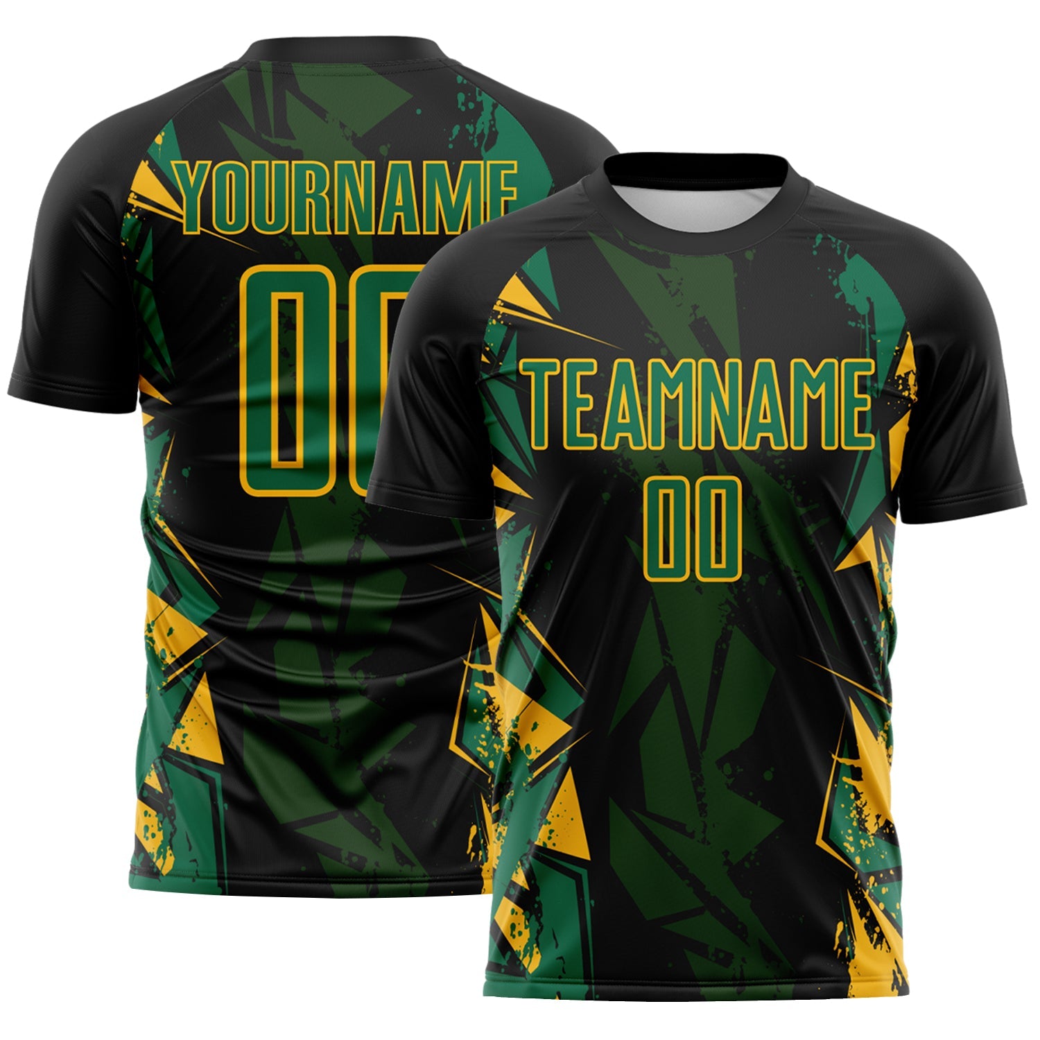 Custom Black Kelly Green-Gold Geometric Shard Grunge Splash Sublimation Soccer Uniform Jersey - Main View