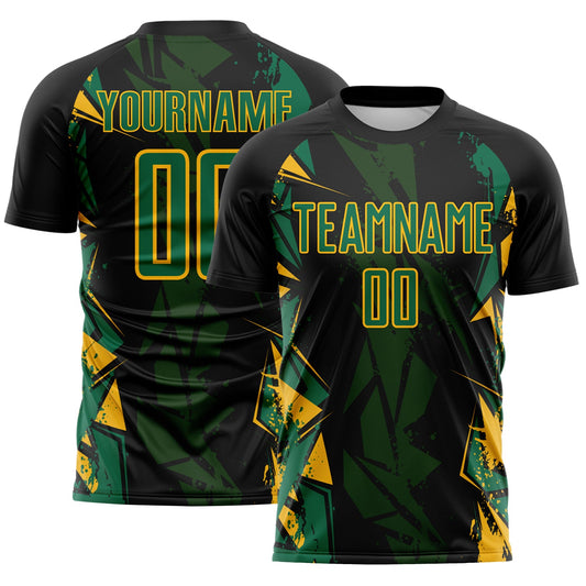 Custom Black Kelly Green-Gold Geometric Shard Grunge Splash Sublimation Soccer Uniform Jersey - Main View
