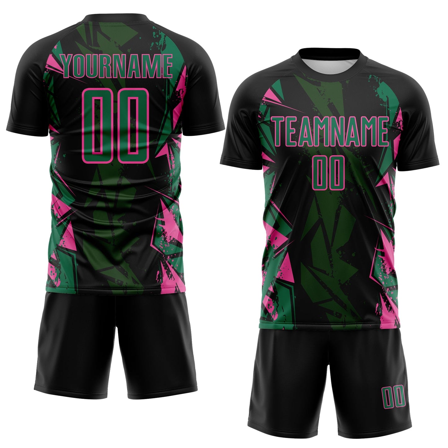 Custom Black Kelly Green-Pink Geometric Shard Grunge Splash Sublimation Soccer Uniform Jersey view 2