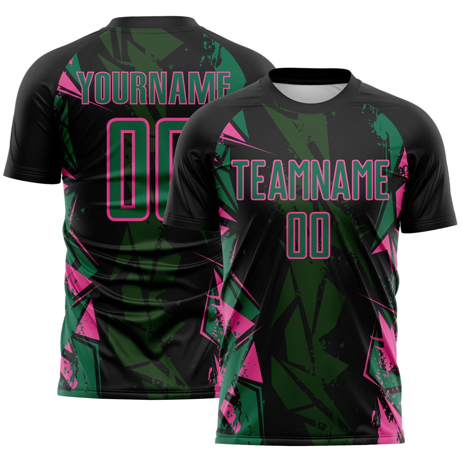 Custom Black Kelly Green-Pink Geometric Shard Grunge Splash Sublimation Soccer Uniform Jersey - Main View