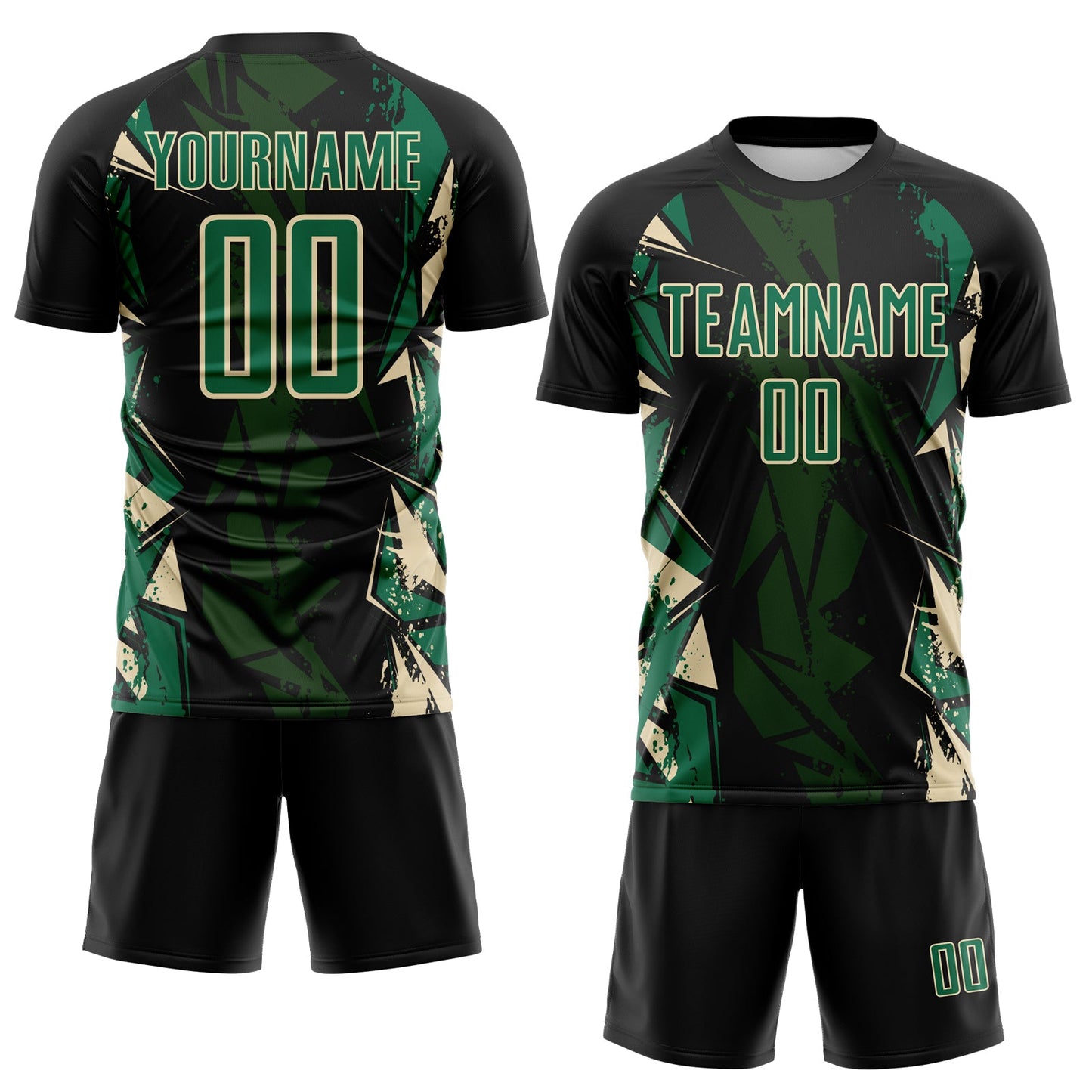 Custom Black Kelly Green-Cream Geometric Shard Grunge Splash Sublimation Soccer Uniform Jersey view 2