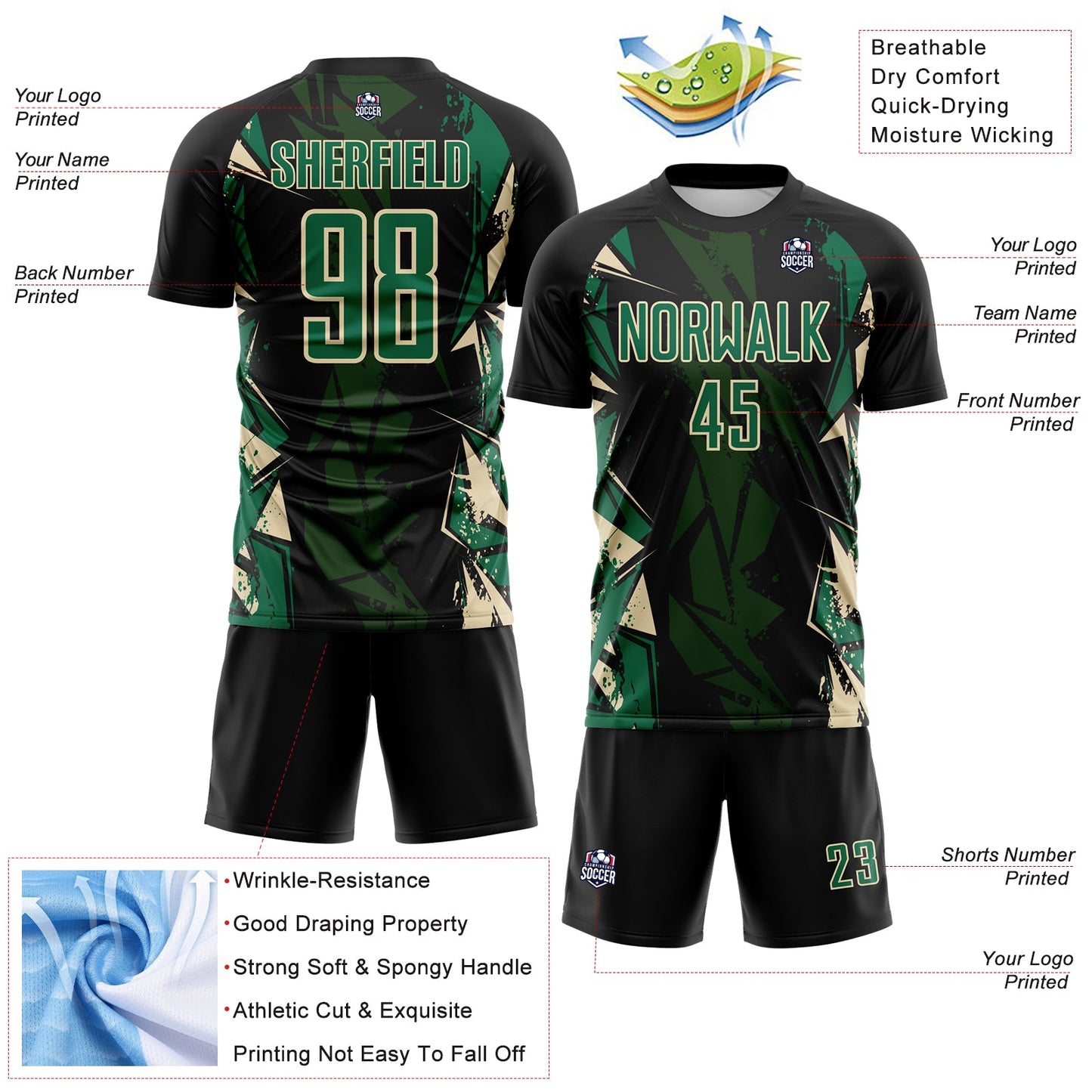 Custom Black Kelly Green-Cream Geometric Shard Grunge Splash Sublimation Soccer Uniform Jersey view 4