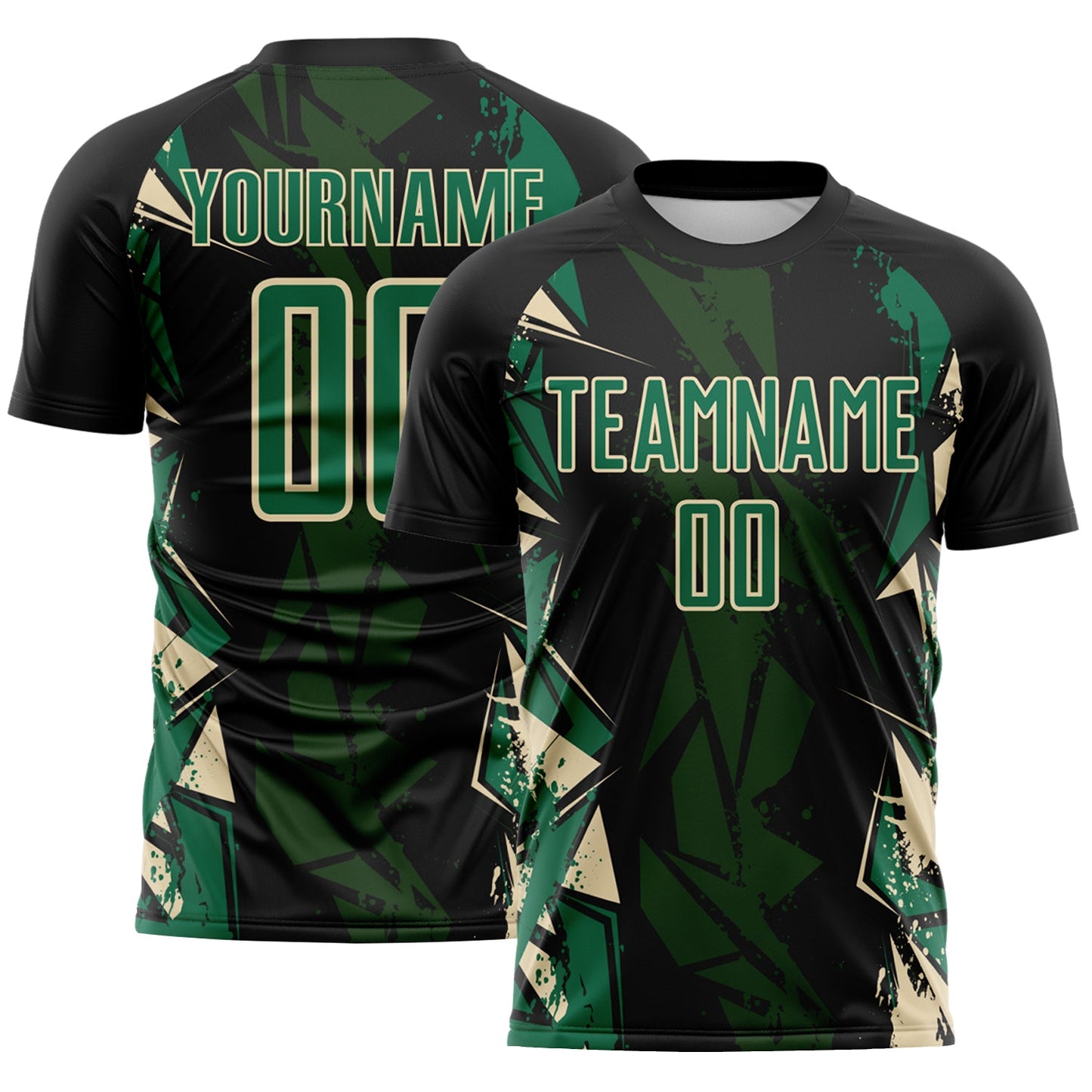 Custom Black Kelly Green-Cream Geometric Shard Grunge Splash Sublimation Soccer Uniform Jersey - Main View