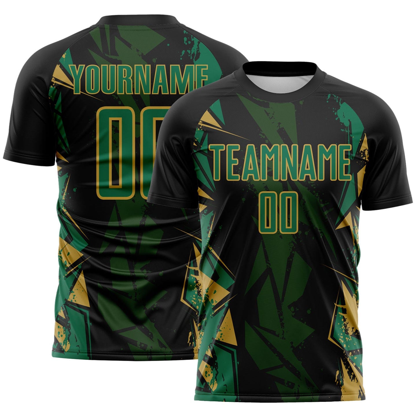 Custom Black Kelly Green-Old Gold Geometric Shard Grunge Splash Sublimation Soccer Uniform Jersey - Main View