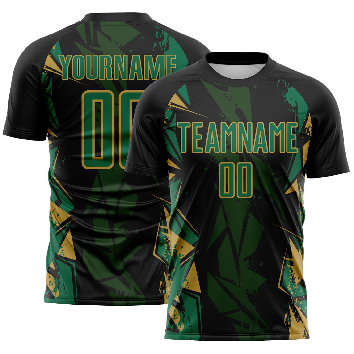 Custom Black Kelly Green-Old Gold Geometric Shard Grunge Splash Sublimation Soccer Uniform Jersey - Main View