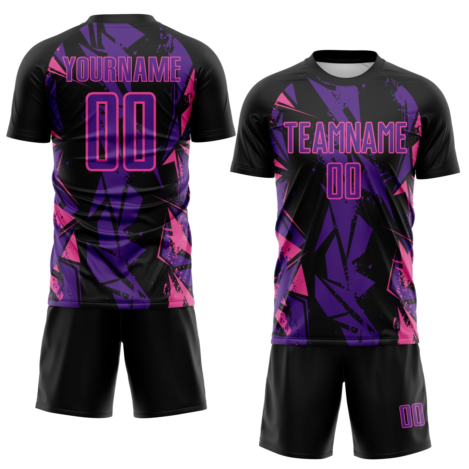 Custom Black Purple-Pink Geometric Shard Grunge Splash Sublimation Soccer Uniform Jersey view 2