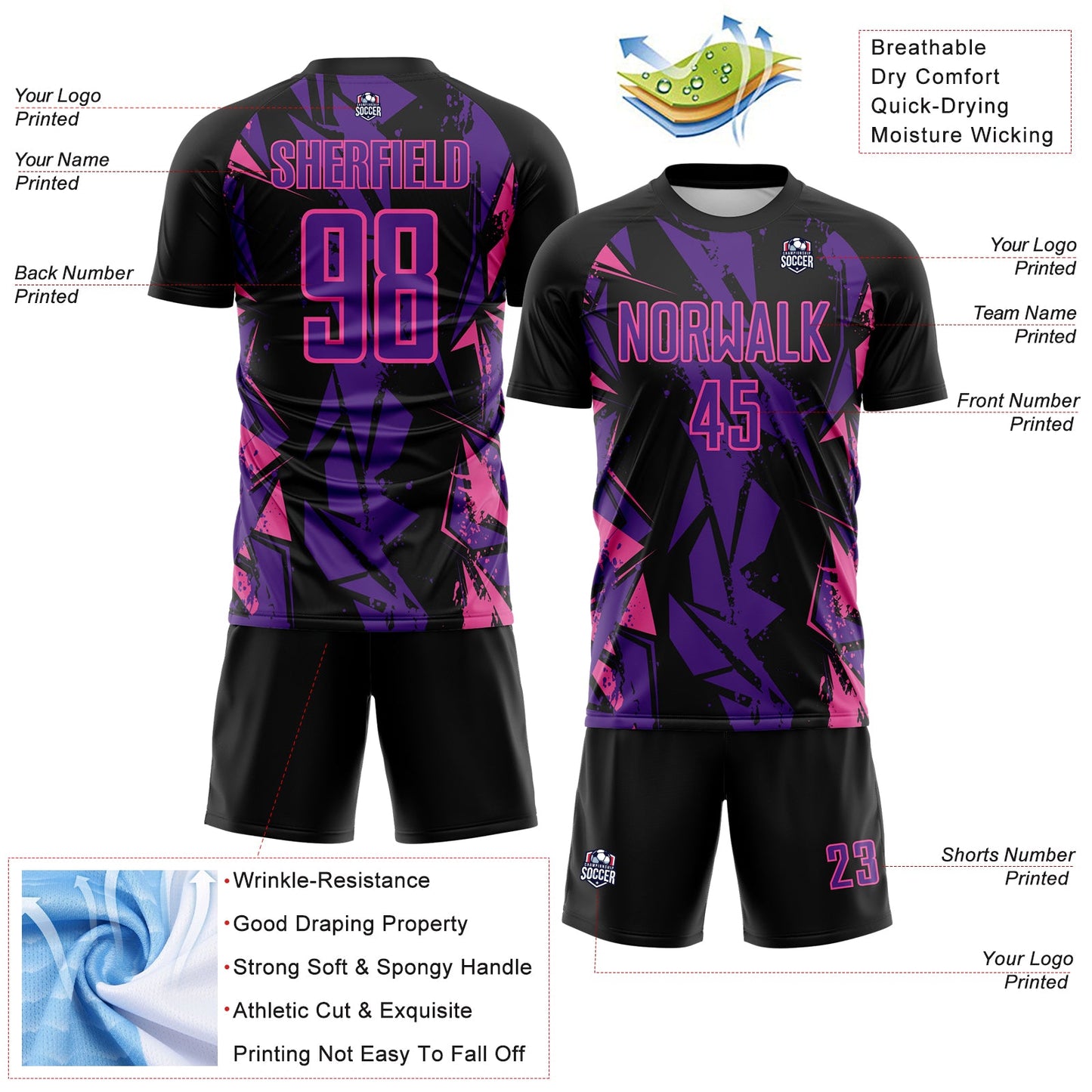 Custom Black Purple-Pink Geometric Shard Grunge Splash Sublimation Soccer Uniform Jersey view 4