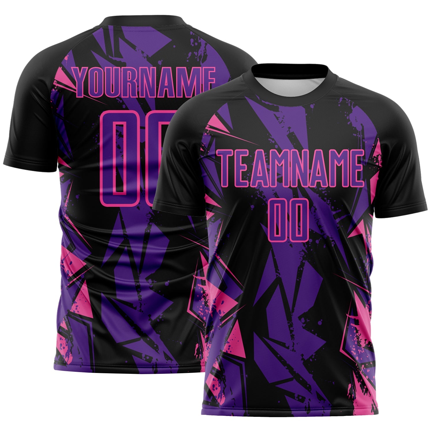 Custom Black Purple-Pink Geometric Shard Grunge Splash Sublimation Soccer Uniform Jersey - Main View