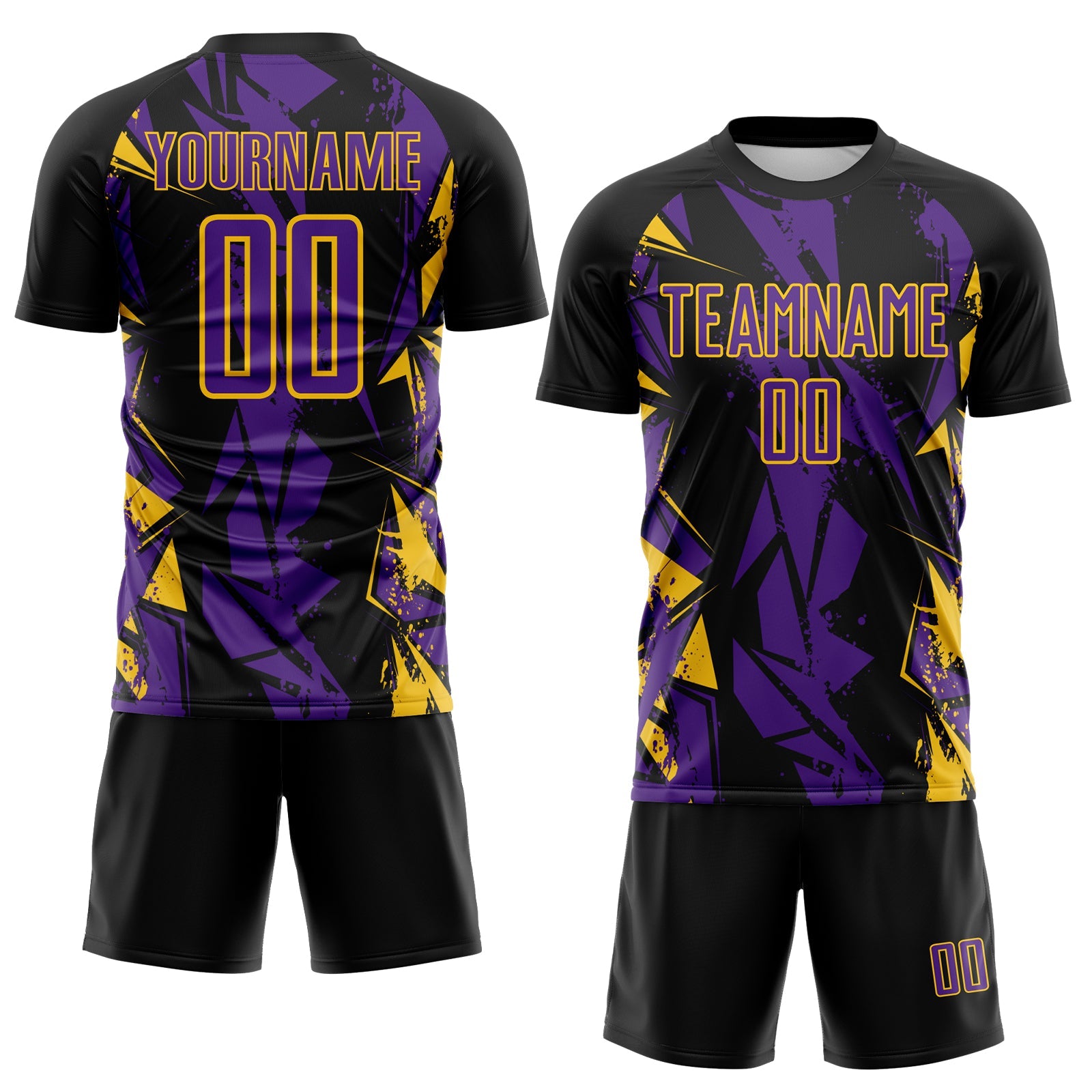 Custom Black Purple-Yellow Geometric Shard Grunge Splash Sublimation Soccer Uniform Jersey view 2