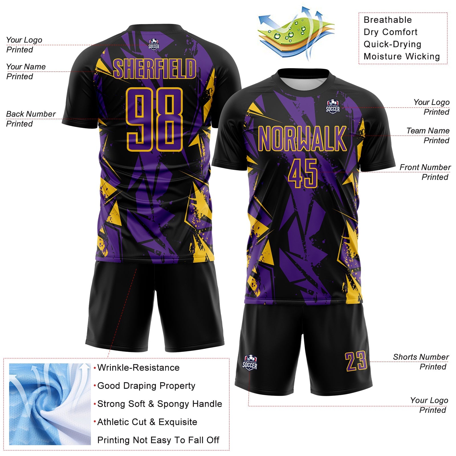 Custom Black Purple-Yellow Geometric Shard Grunge Splash Sublimation Soccer Uniform Jersey view 4