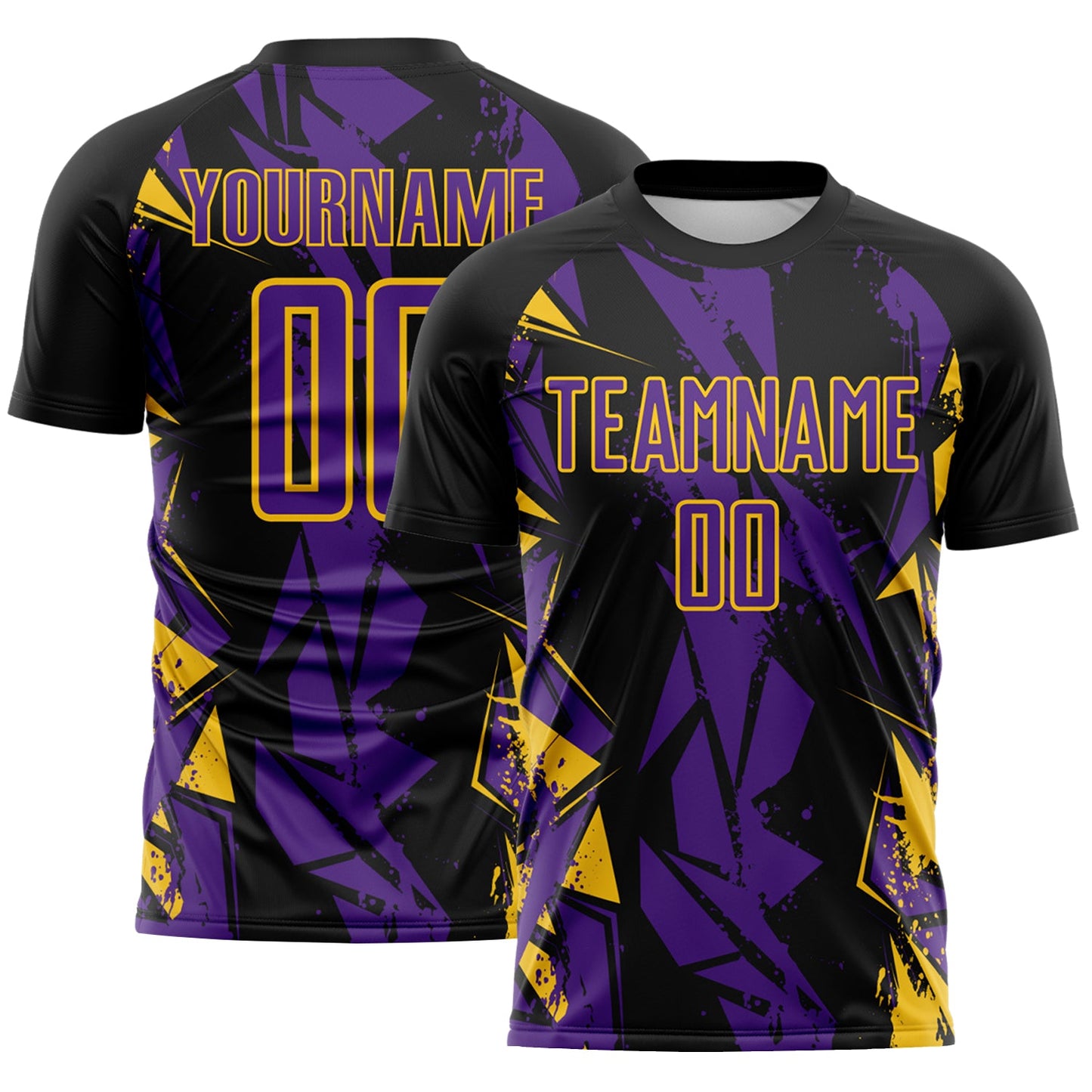 Custom Black Purple-Yellow Geometric Shard Grunge Splash Sublimation Soccer Uniform Jersey - Main View