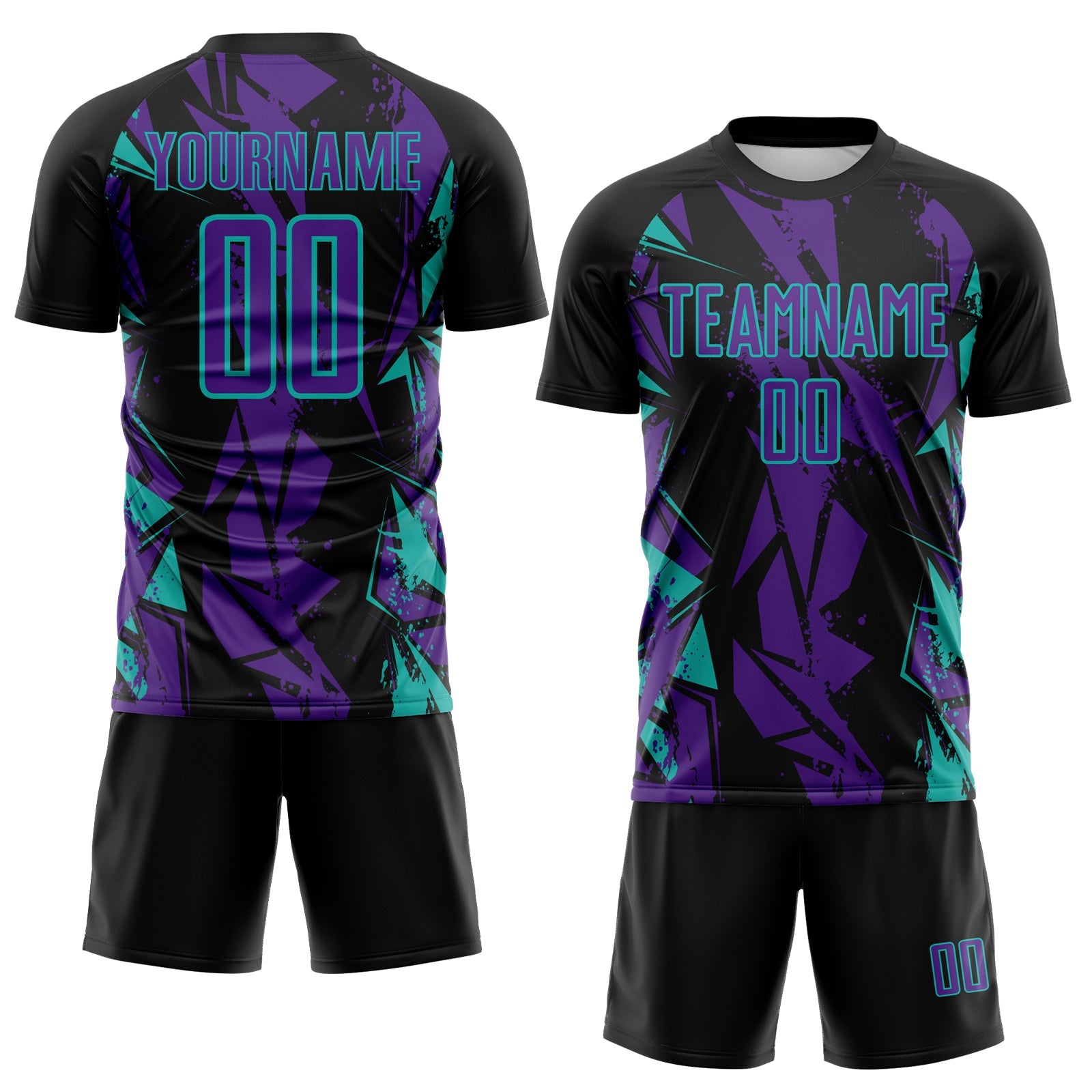 Custom Black Purple-Aqua Geometric Shard Grunge Splash Sublimation Soccer Uniform Jersey view 2