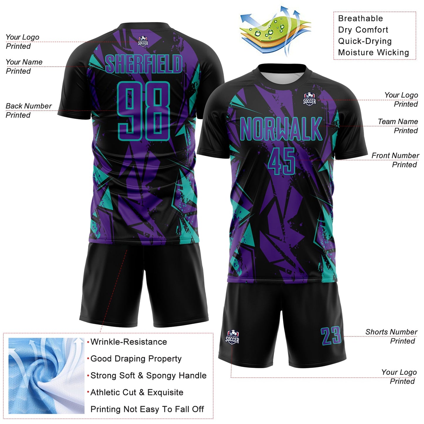Custom Black Purple-Aqua Geometric Shard Grunge Splash Sublimation Soccer Uniform Jersey view 4