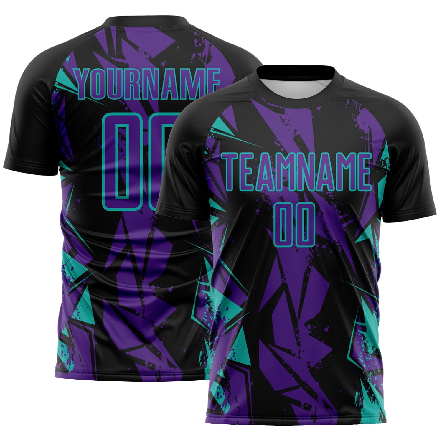 Custom Black Purple-Aqua Geometric Shard Grunge Splash Sublimation Soccer Uniform Jersey - Main View