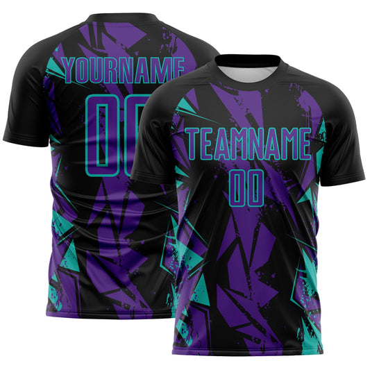 Custom Black Purple-Aqua Geometric Shard Grunge Splash Sublimation Soccer Uniform Jersey - Main View